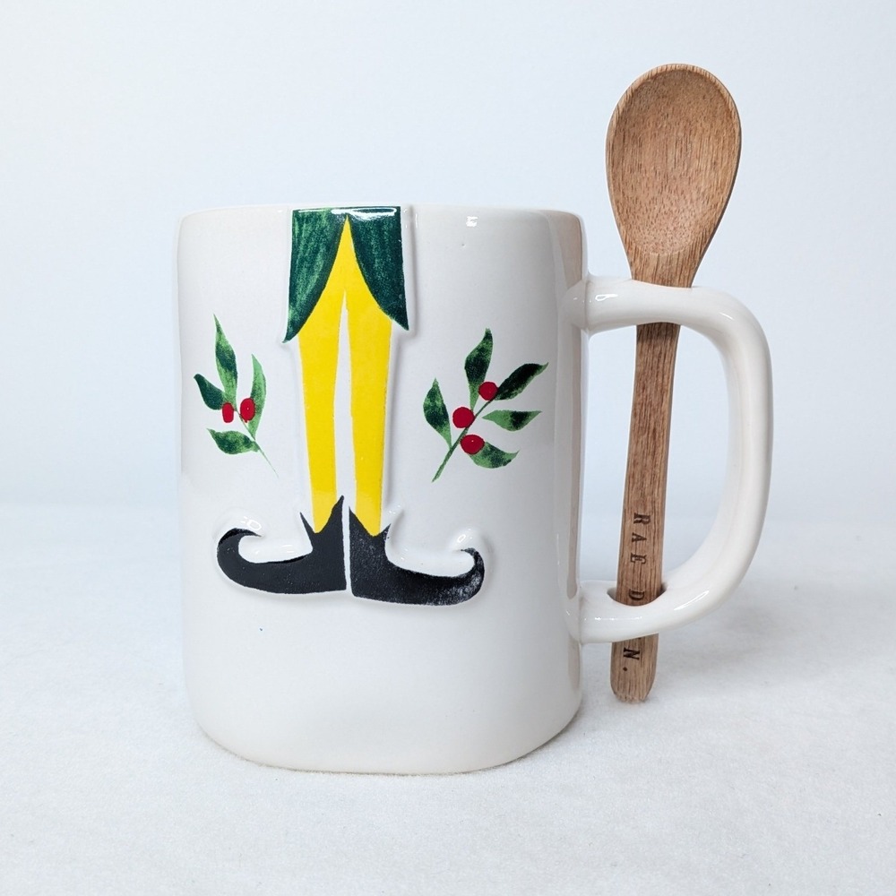 NEW Rae Dunn Magenta Elf Movie Character Ceramic Mug w/ Wooden Spoon White Green - Picture 3 of 7